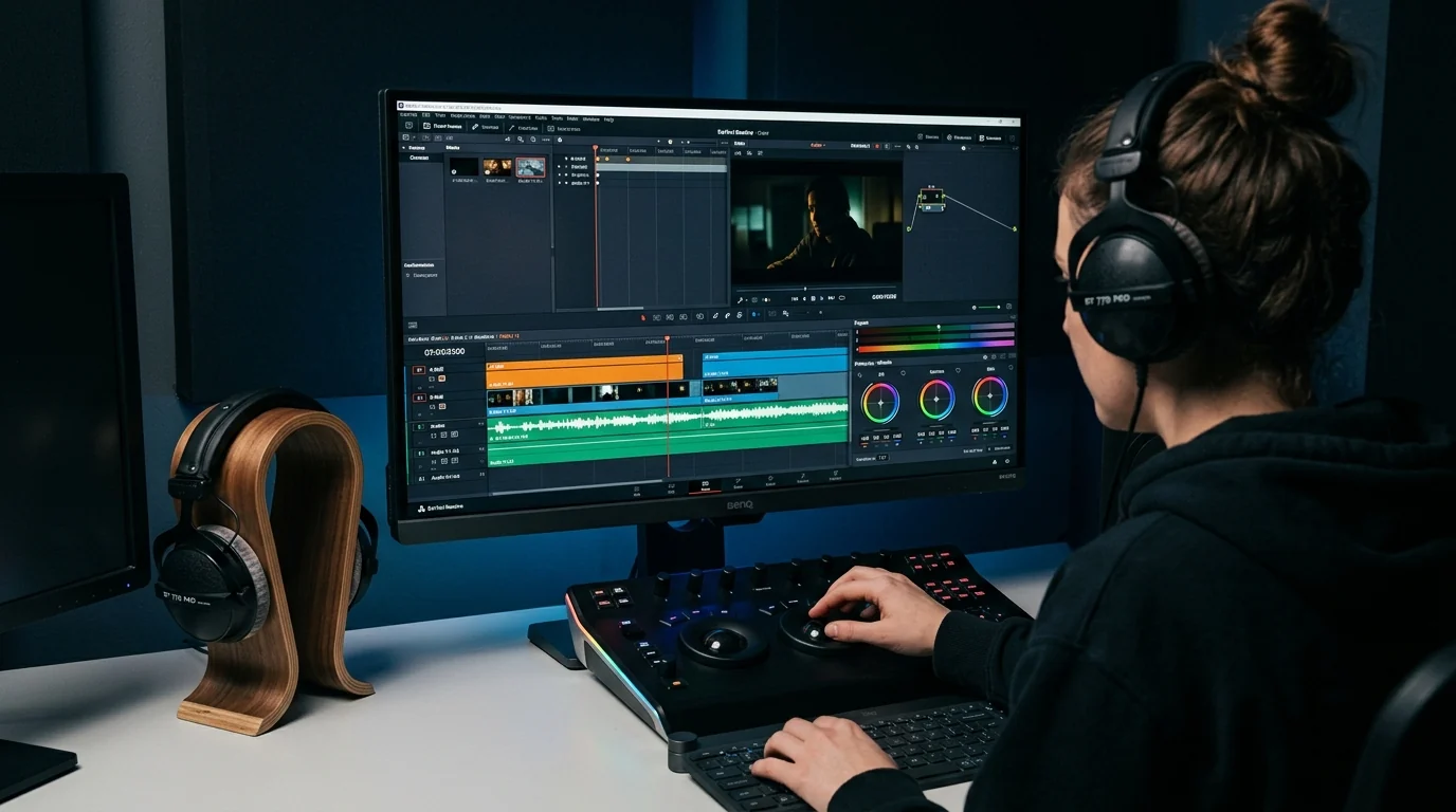 مونتير محترف يقوم بتدريج الألوان في استوديو DaVinci Resolve