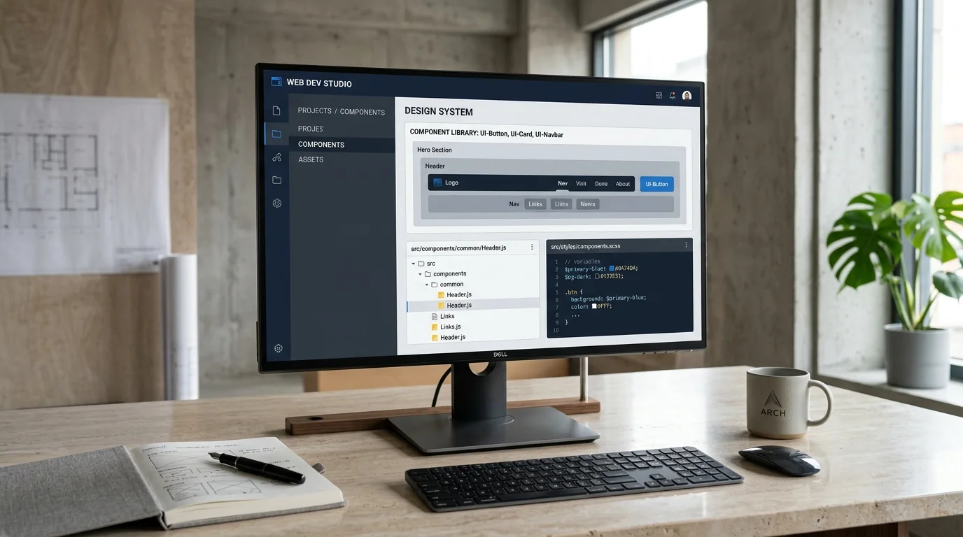 Modern technology display showing structured frontend components, clean architecture and digital interface code