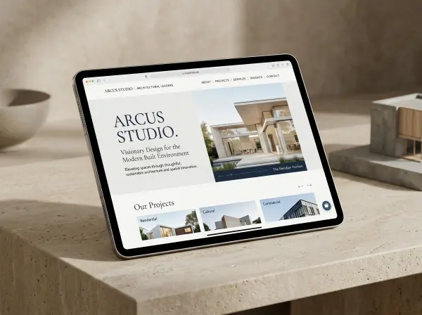 Contemporary tablet displaying an illustrative concept of a professional services website on a warm stone surface