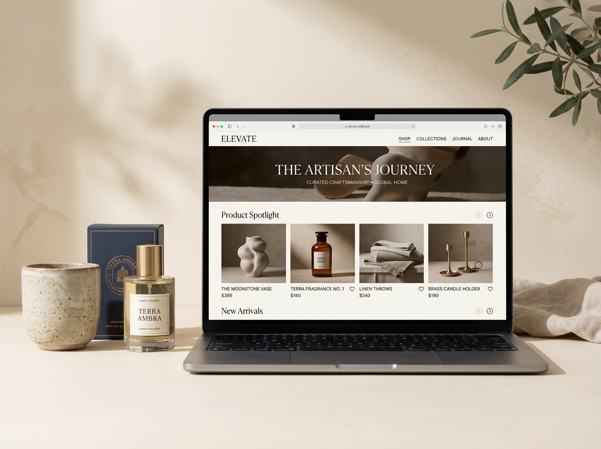 Luxury artisanal online store concept displayed on a sleek laptop alongside physical lifestyle products