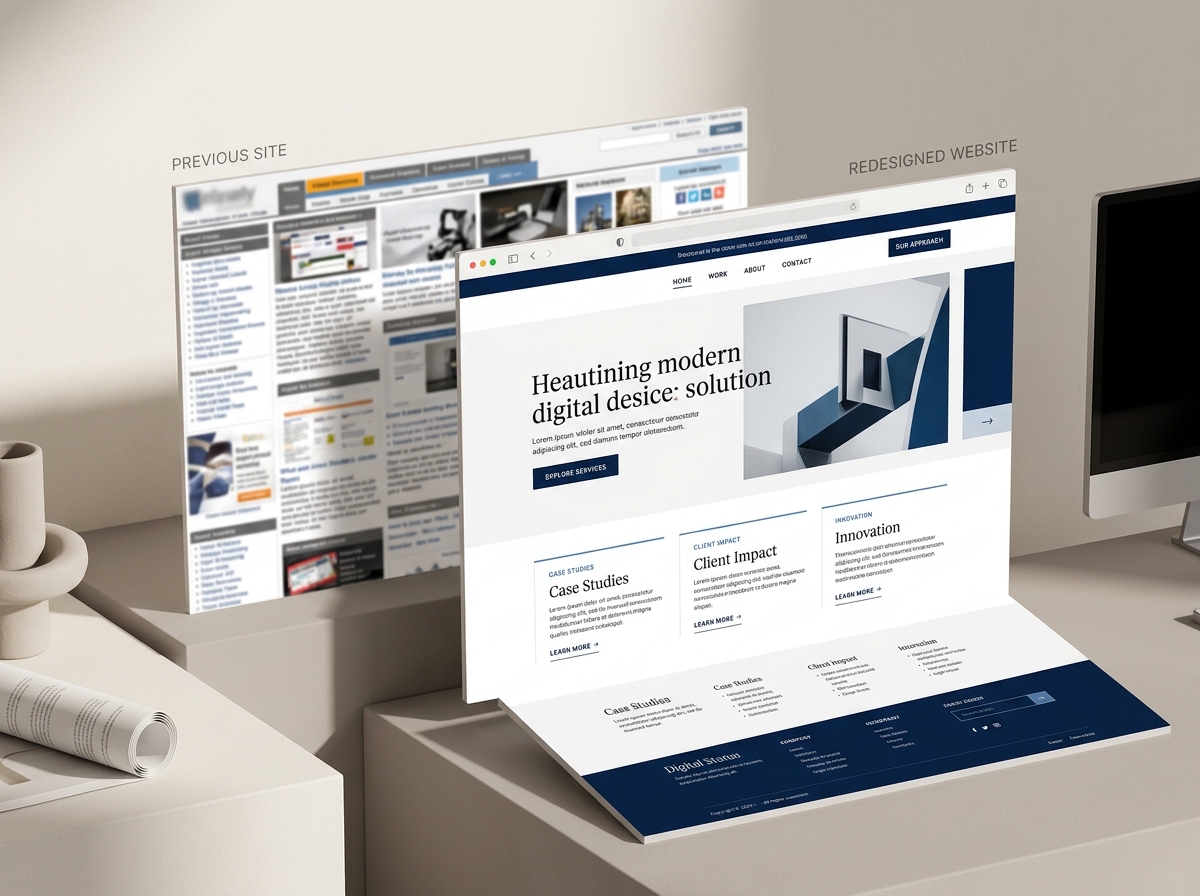 Editorial conceptual comparison between an outdated website layout and modern redesign